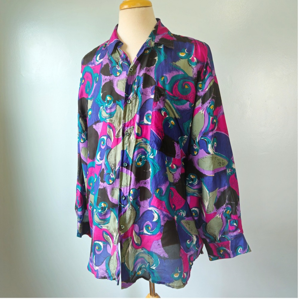 Protest Vtg 90s 100% Silk‎ Button Down Shirt Abstract Swirl Purple Magenta XL